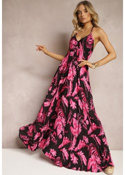 Czarno-Różowa Sukienka Maxi z Wiązanymi Ramiączkami i Rozkloszowanym Dołem z Wiskozy w Kwiaty Rakussa ze sklepu Renee odzież w kategorii Sukienki - zdjęcie 170523543