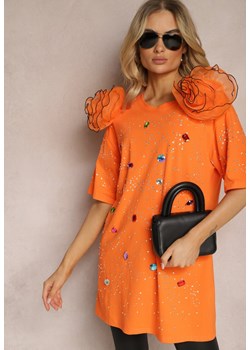 Pomarańczowa Bawełniana Bluzka Prosta z Kryształkami Kwiatami i Cyrkoniami Leokka ze sklepu Renee odzież w kategorii Bluzki damskie - zdjęcie 170523664