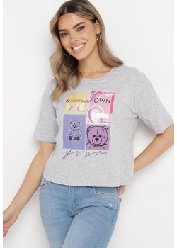 Jasnoszary Bawełniany T-shirt z Ozdobnym Nadrukiem na Przodzie Sadla ze sklepu Born2be Odzież w kategorii Bluzki damskie - zdjęcie 170523804