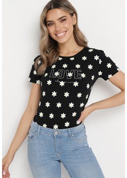 Czarny T-shirt Bawełniany  z Motywem Kwiatów Ozdobiony Cyrkoniami Atentia ze sklepu Born2be Odzież w kategorii Bluzki damskie - zdjęcie 170523841