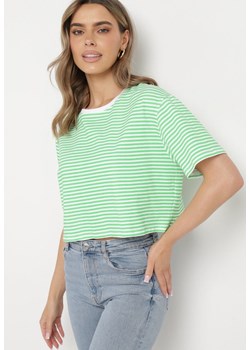 Zielony Bawełniany T-shirt o Oversizowym Krótkim Fasonie w Cienkie Paski Lakrida ze sklepu Born2be Odzież w kategorii Bluzki damskie - zdjęcie 170528542