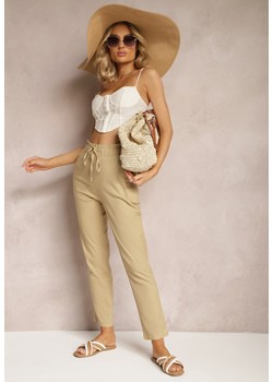 Beżowe Spodnie High Waist ze Sznurkami i Guzikami Arifea ze sklepu Renee odzież w kategorii Spodnie damskie - zdjęcie 170529074