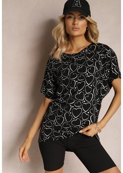Czarny Bawełniany T-shirt z Rękawami Typu Nietoperz i Ozdobnym Nadrukiem Lakira ze sklepu Renee odzież w kategorii Bluzki damskie - zdjęcie 170529202