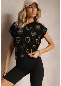 Czarny Bawełniany T-shirt z Błyszczącym Printem Idrana ze sklepu Renee odzież w kategorii Bluzki damskie - zdjęcie 170529242