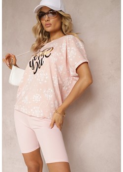 Różowy T-shirt z Bawełny Typu Nietoperz z Ozdobnym Nadrukiem i Cyrkoniami Siratta ze sklepu Renee odzież w kategorii Bluzki damskie - zdjęcie 170529252