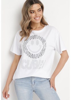 Biały T-shirt Bawełniany z Ozdobnym Nadrukiem na Przodzie Sagraine ze sklepu Born2be Odzież w kategorii Bluzki damskie - zdjęcie 170571124