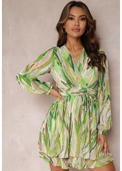 Zielona Kopertowa Sukienka Breyera Mini z Ozdobnym Wiązaniem i Długim Rękawem ze sklepu Renee odzież w kategorii Sukienki - zdjęcie 170579751