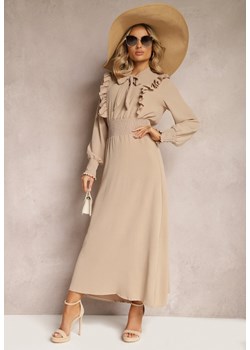 Beżowa Maxi Sukienka Rozkloszowana z Falbankami i Wiązaniem przy Dekolcie Pallam ze sklepu Renee odzież w kategorii Sukienki - zdjęcie 170579851