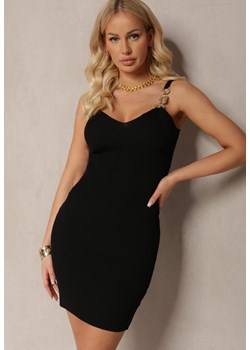 Czarna Prążkowana Sukienka z Wycięciami na Dekolcie o Dopasowanym Fasonie Ninona ze sklepu Renee odzież w kategorii Sukienki - zdjęcie 170579871