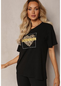 Czarny T-shirt z Bawełny z Przodu Ozdobny Nadruk Menettia ze sklepu Renee odzież w kategorii Bluzki damskie - zdjęcie 170579931