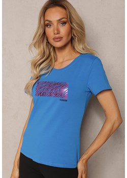 Niebieski T-shirt z Bawełny Ozdobiony Nadrukiem z Przodu Ubsaria ze sklepu Renee odzież w kategorii Bluzki damskie - zdjęcie 170579941