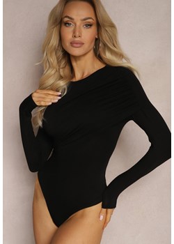Czarne Body na Długi Rękaw z Bawełny z Ozdobną Zakładką Mahrine ze sklepu Renee odzież w kategorii Bluzki damskie - zdjęcie 170579992