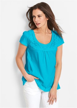 Shirt bawełniany z koronką i krótkim rękawem ze sklepu bonprix w kategorii Bluzki damskie - zdjęcie 170590104