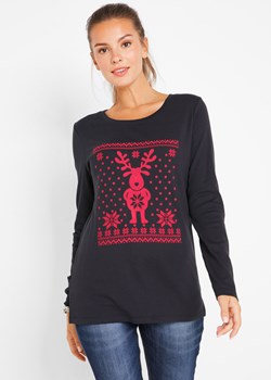 Shirt bawełniany z długim rękawem i bożonarodzeniowym motywem ze sklepu bonprix w kategorii Bluzki damskie - zdjęcie 170594412