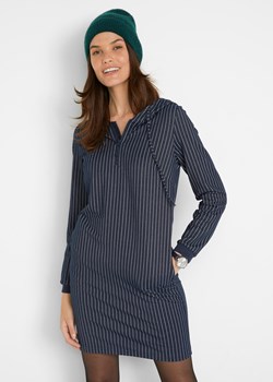 Sukienka dresowa z materiału w optyce dżinsu w paski, z kapturem ze sklepu bonprix w kategorii Sukienki - zdjęcie 170595981