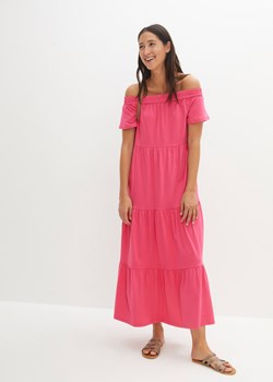 Długa sukienka z dżerseju z bawełny, z falbanami i dekoltem carmen ze sklepu bonprix w kategorii Sukienki - zdjęcie 170604470