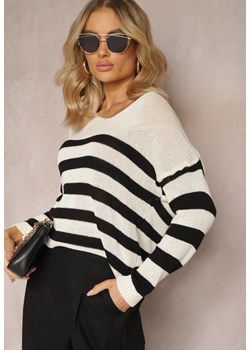 Jasnobeżowy Sweter w Szerokie Paski z Dekoltem w Serek Liminela ze sklepu Renee odzież w kategorii Swetry damskie - zdjęcie 170627551