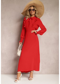 Czerwona Maxi Sukienka Rozkloszowana z Falbankami i Wiązaniem przy Dekolcie Pallam ze sklepu Renee odzież w kategorii Sukienki - zdjęcie 170627561