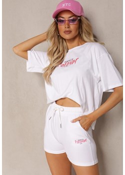 Biały Bawełniany Komplet Letni T-shirt z Szortami Ozdobione Napisami Amaila ze sklepu Renee odzież w kategorii Komplety i garnitury damskie - zdjęcie 170627681