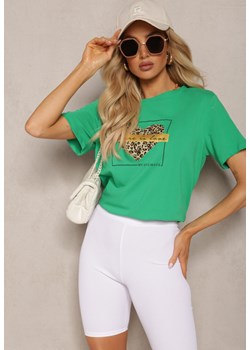Zielony T-shirt z Bawełny z Przodu Ozdobny Nadruk Menettia ze sklepu Renee odzież w kategorii Bluzki damskie - zdjęcie 170627701