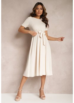 Beżowa Sukienka Midi z Rozkloszowanym Dołem i Wiązaniem w Pasie Nancis ze sklepu Renee odzież w kategorii Sukienki - zdjęcie 170627771