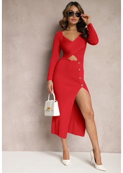 Czerwona Dopasowana Sukienka Ozdobiona Wycięciem na Brzuchu i Cyrkoniami Odia ze sklepu Renee odzież w kategorii Sukienki - zdjęcie 170645803