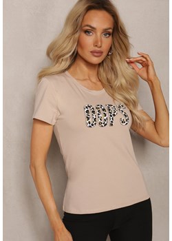 Ciemnobeżowy Klasyczny T-shirt z Bawełny Ozdobiony Nadrukiem Oionna ze sklepu Renee odzież w kategorii Bluzki damskie - zdjęcie 170645922