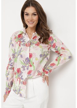 Beżowa Koszula z Bawełny z Długim Rękawem i Kwiatowym Wzorem Rapitea ze sklepu Born2be Odzież w kategorii Koszule damskie - zdjęcie 170646794