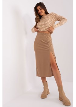 Camelowa trapezowa spódnica damska z rozcięciem ze sklepu 5.10.15 w kategorii Spódnice - zdjęcie 170683314