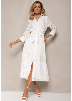 Biała Ażurowa Sukienka Koszulowa z Bawełnianej Tkaniny Felicema ze sklepu Renee odzież w kategorii Sukienki - zdjęcie 170700672