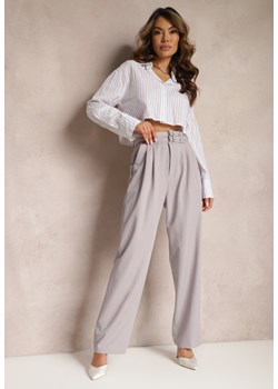 Szare Spodnie High Waist w Stylu Garniturowym z Paskami i Klamerkami Daklena ze sklepu Renee odzież w kategorii Spodnie damskie - zdjęcie 170700702