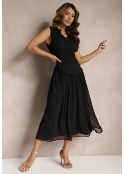 Czarna Rozkloszowana Sukienka Długa z Guzikami o Taliowanym Fasonie Jovitta ze sklepu Renee odzież w kategorii Sukienki - zdjęcie 170700723