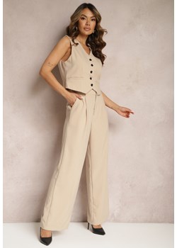 Beżowe Spodnie Szerokie w Garniturowym Stylu w Delikatne Prążki Tsalena ze sklepu Renee odzież w kategorii Spodnie damskie - zdjęcie 170700733
