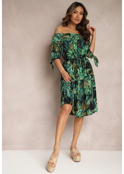 Granatowo-Zielona Sukienka Hiszpanka Bawełniana z Materiałowym Paskiem Wiązana przy Rękawach Daritia ze sklepu Renee odzież w kategorii Sukienki - zdjęcie 170700763