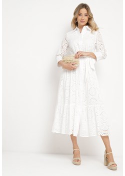 Biała Bawełniana Sukienka Ażurowa o Koszulowym Kroju Elowetia ze sklepu Born2be Odzież w kategorii Sukienki - zdjęcie 170701341
