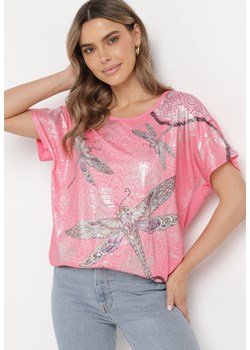 Różowy Bawełniany T-shirt z Krótkim Rękawem oraz Nadrukiem i Cyrkoniami Ridsa ze sklepu Born2be Odzież w kategorii Bluzki damskie - zdjęcie 170701532