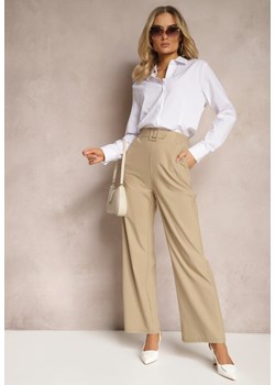 Beżowe Spodnie Szerokie w Stylu Paper Bag z Materiałowym Paskiem Xennia ze sklepu Renee odzież w kategorii Spodnie damskie - zdjęcie 170710890