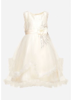 Jasnobeżowa Rozkloszowana Tiulowa Sukienka z Koronką i Aplikacją Unate ze sklepu Born2be Odzież w kategorii Sukienki dziewczęce - zdjęcie 170712421
