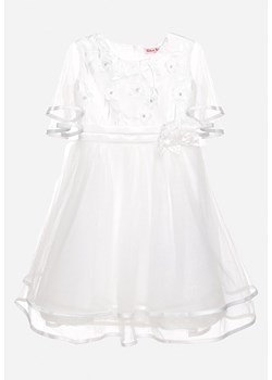 Biała Tiulowa Rozkloszowana Sukienka z Paskiem Ozdobionym Kwiatami Niriwa ze sklepu Born2be Odzież w kategorii Sukienki dziewczęce - zdjęcie 170712423
