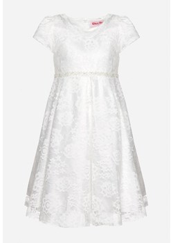 Biała Koronkowa Sukienka z Krótkim Rękawem z Cyrkoniami i Perełkami Mabet ze sklepu Born2be Odzież w kategorii Sukienki dziewczęce - zdjęcie 170712433