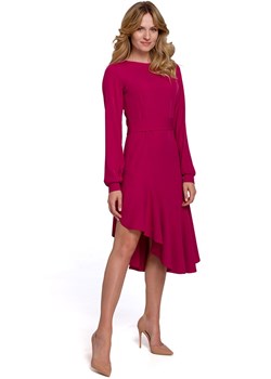 Asymetryczna sukienka z falbanką w kolorze śliwkowym K077, Kolor śliwkowy, Rozmiar L, makover ze sklepu Primodo w kategorii Sukienki - zdjęcie 170718252