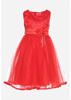 Czerwona Elegancka Sukienka o Rozkloszowanym Fasonie z Koronką i Kwiatową Przypinką Casadira ze sklepu Born2be Odzież w kategorii Sukienki dziewczęce - zdjęcie 170723032