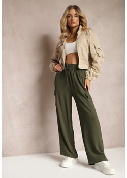 Ciemnobeżowe Spodnie z Kieszeniami Cargo High Waist z Gumką w Pasie Naerille ze sklepu Renee odzież w kategorii Spodnie damskie - zdjęcie 170723554