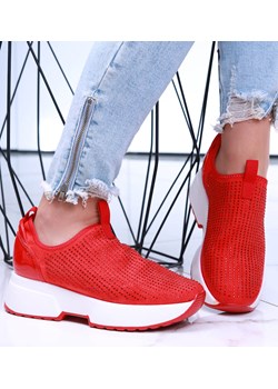 Czerwone wsuwane trampki sneakersy na koturnie /F8-3 15735 T218/ ze sklepu Pantofelek24.pl w kategorii Buty sportowe damskie - zdjęcie 170731680
