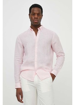 BOSS koszula lniana kolor różowy regular z kołnierzykiem button-down 50513849 ze sklepu ANSWEAR.com w kategorii Koszule męskie - zdjęcie 170733354