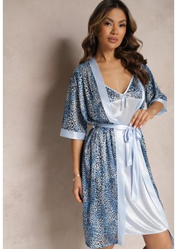 Niebieski Komplet Piżamowy ze Szlafrokiem i Elegancką Koszulą Nocną w Drobne Cętki Seraphim ze sklepu Renee odzież w kategorii Koszule nocne - zdjęcie 170758532