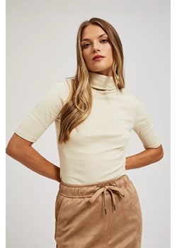 Prążkowana bluzka damska piaskowa z krótkim rękawem ze sklepu 5.10.15 w kategorii Bluzki damskie - zdjęcie 170772602