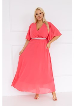 Koralowa Sukienka szyfonowa z paskiem EGELI ze sklepu TONO w kategorii Sukienki - zdjęcie 170773174