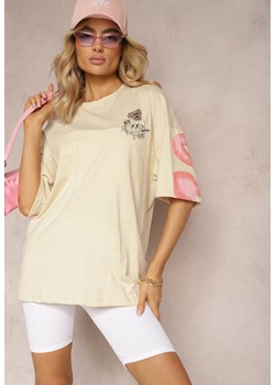Beżowy Oversizowy T-shirt z Bawełny z Nadrukiem z Motywem Misia Paviata ze sklepu Renee odzież w kategorii Bluzki damskie - zdjęcie 170777094