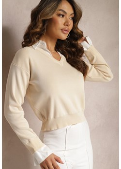 Beżowy Sweter z Długimi Rękawami i Koszulową Wstawką z Kołnierzykiem Aptivea ze sklepu Renee odzież w kategorii Swetry damskie - zdjęcie 170777451
